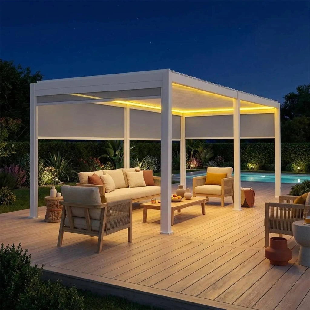 Pergola bioclimatica 3x6m elettrica in alluminio con led + 4 tende 3m,