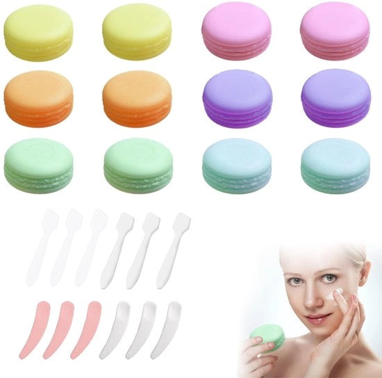 Set di contenitori per cosmetici da 12 - Borse riutilizzabili per viaggio - Piccoli contenitori 10ml - Protezione contro le lezioni - Incluso cucchiai e adesivi - Per crema e lozioni - Contenitore per viaggio