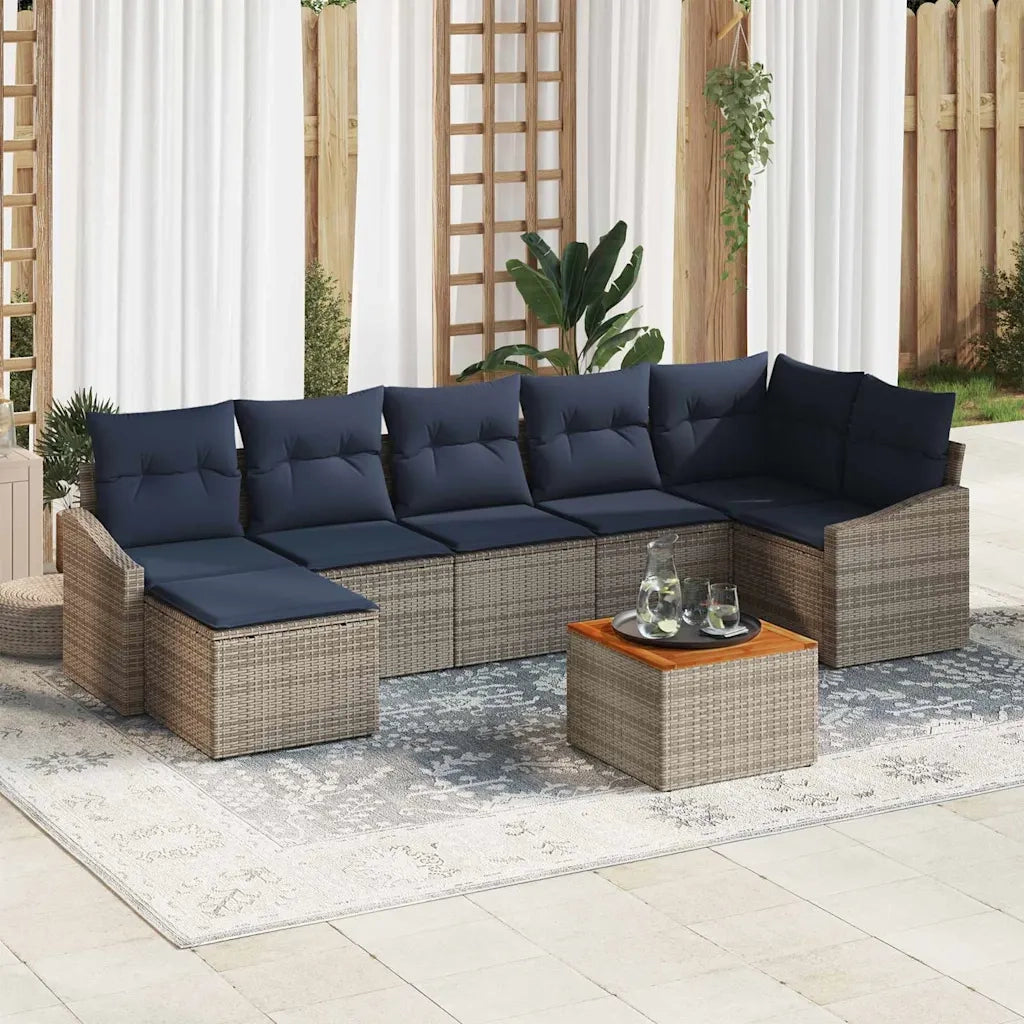 Set Divano da Giardino 8 pcs Grigio e Blu Navy polyrattan