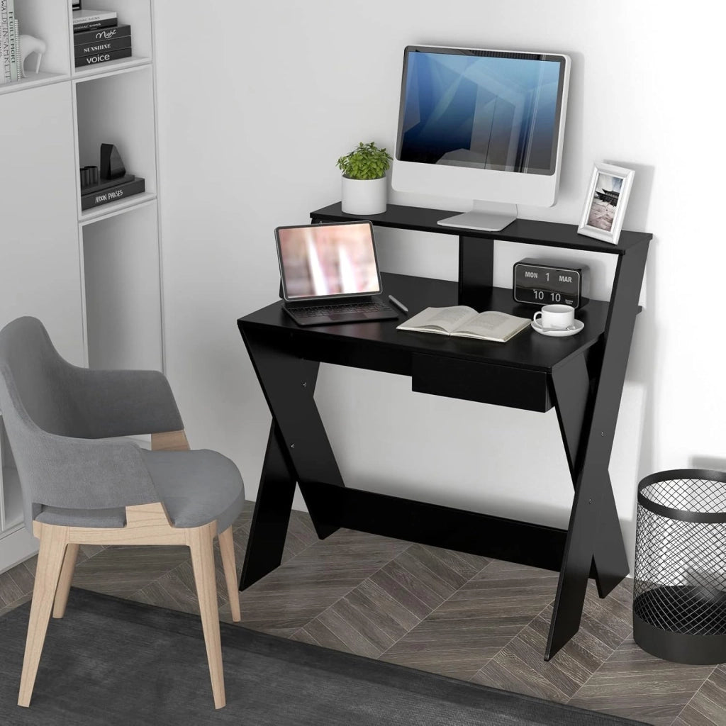 Scrivania per Computer in Legno, Scrivania con Cassetto, Portaoggetti e Supporto per Monitor, Poggiapiedi e Gambe a Forma di X, Ideale per Ufficio e Casa (Black)