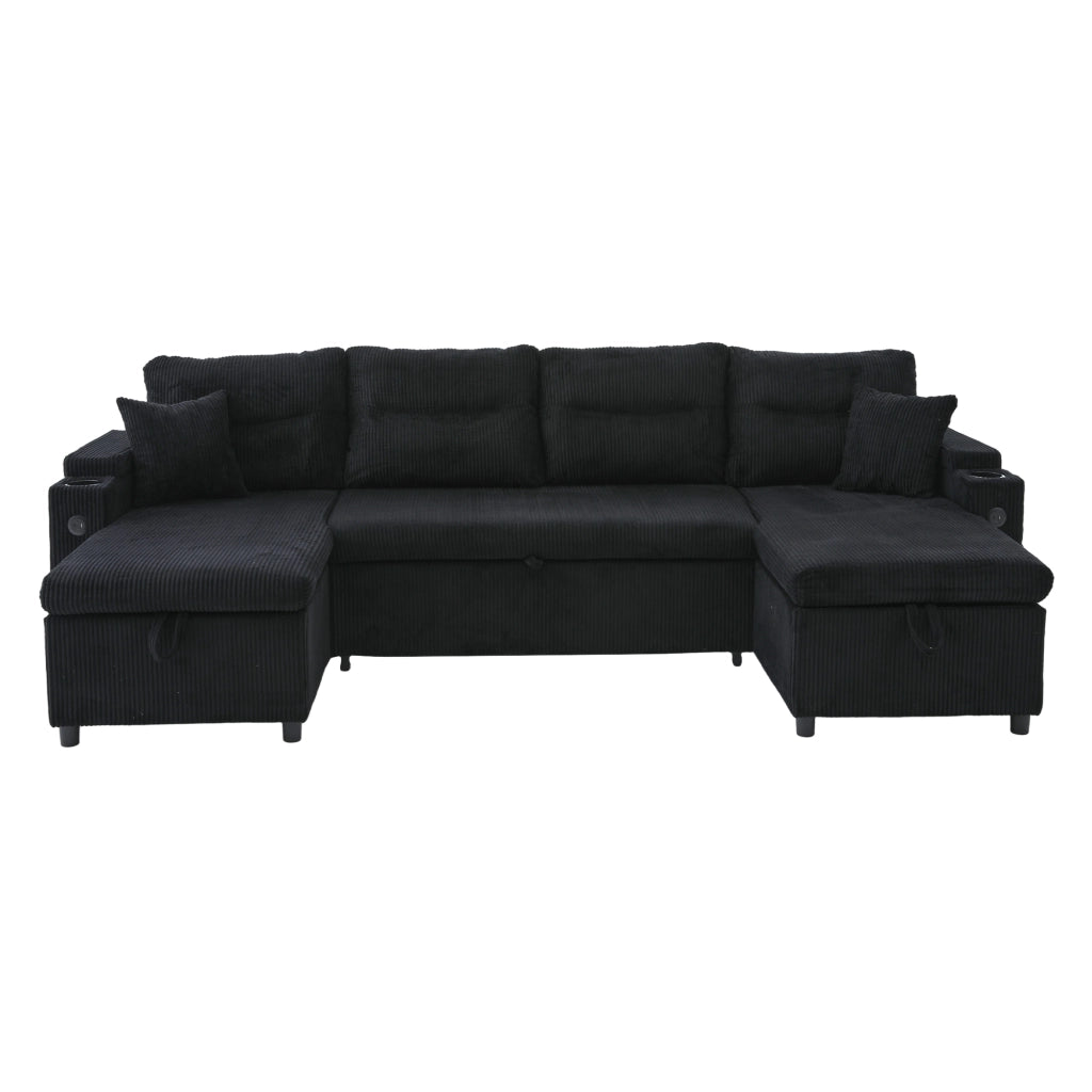 Divano a 4 posti con doppia chaise longue; contenitore; portabicchieri e USB Type-C; nero