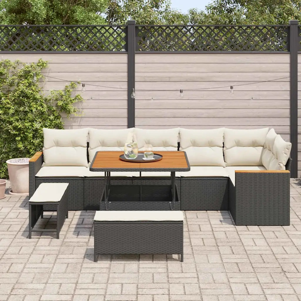 Set Divano da Giardino con cuscino 9 pcs Nero Poly Rattan
