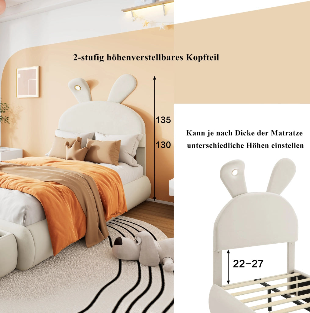 Letto imbottito con orecchie di coniglio, velluto beige, 90x200 cm