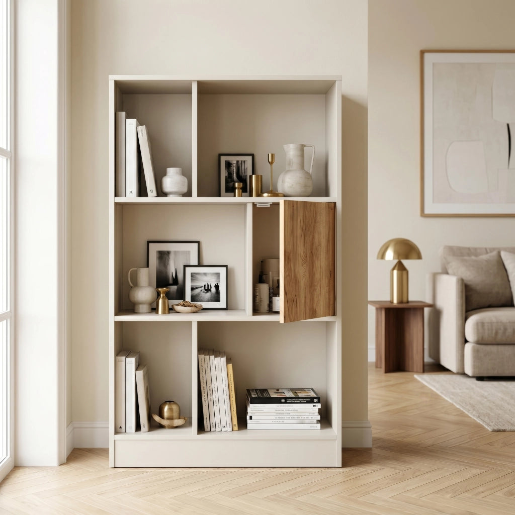 Libreria Karena Scaffale da Terra con Anta e 5 Vani Aperti 112x70x30 cm - Bianco Crema/Effetto Rovere [en.casa]