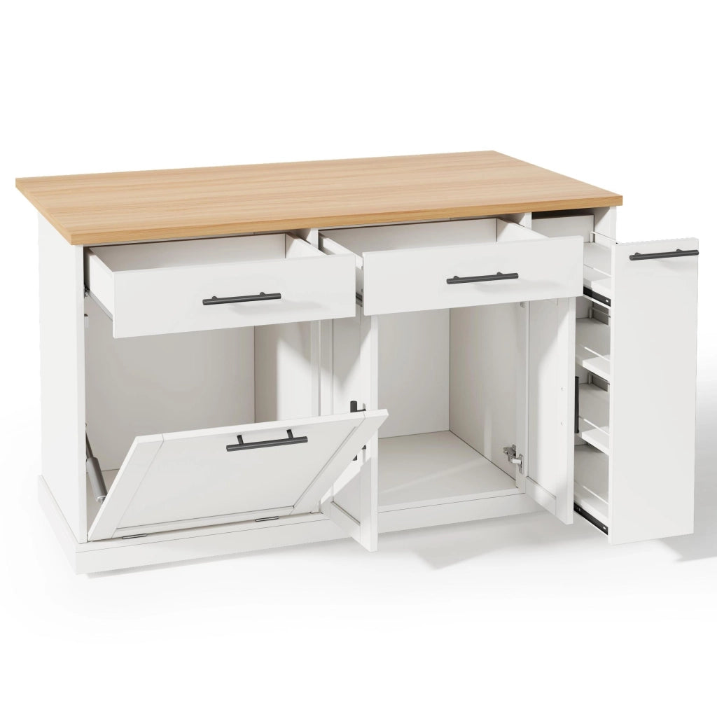 Isola da cucina, piano ribaltabile, scaffale a 4 ripiani per condimenti, 2 cassetti, ruote con freno, colore bianco e naturale