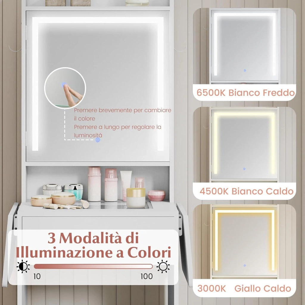 Toeletta Trucco con Luci LED, Tavolo da Trucco con Specchio e Stazione di Ricarica, Postazione Trucco con Cassetto, 2 Piani d'Appoggio a Ribalta, Bianco (Modello 3)