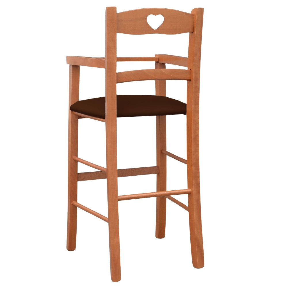 Seggiolone in legno color ciliegio con seduta imbottita in similpelle marrone