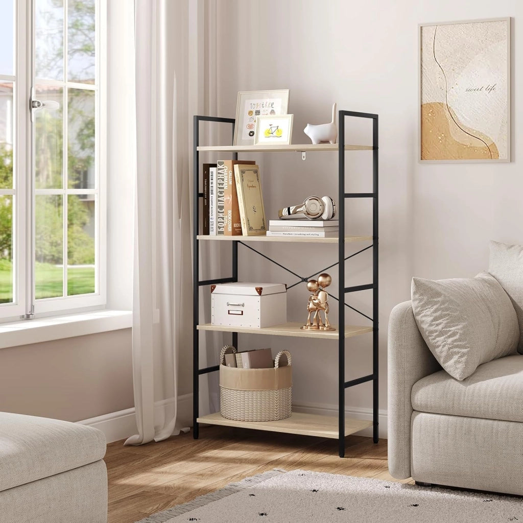 Libreria a 4 Livelli, Scaffale in Piedi con Struttura in Metallo, per Soggiorno, Camera da Letto, Cucina, Ufficio, Studio, Rovere Chiaro + Nero