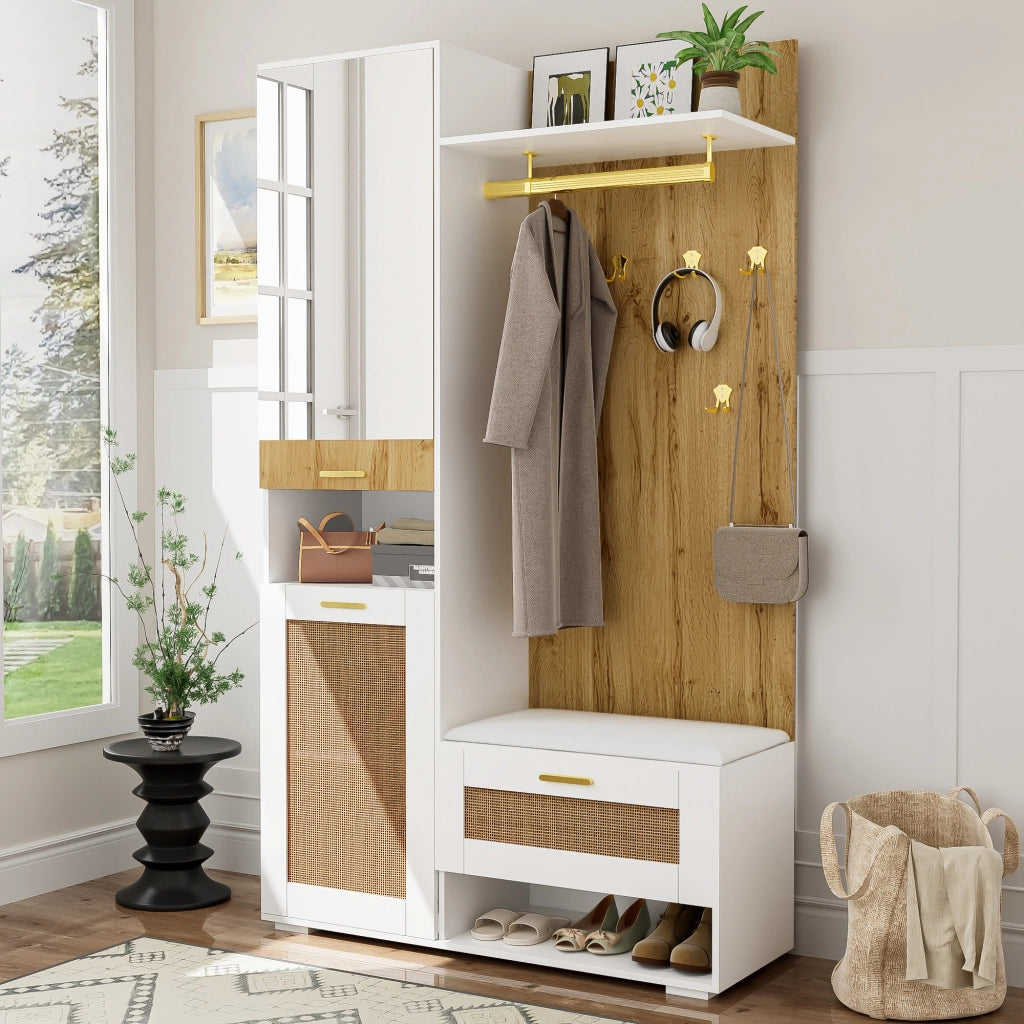 Set Ingresso con Specchio, Scarpiera, Appendiabiti e Panca ¨C MINIMAL ¨C con Ganci e LED