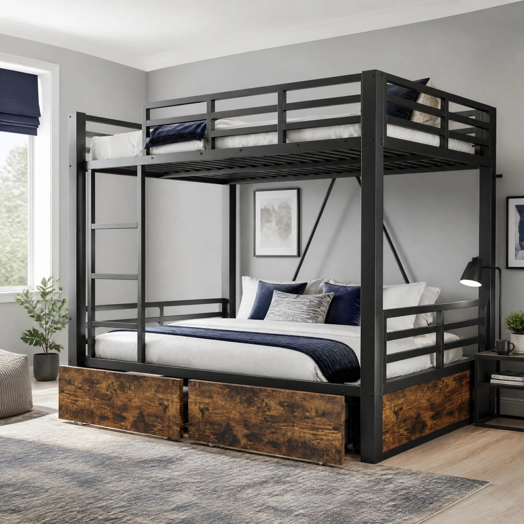 Letto a Castello 140x200 cm; con Cassetti e Scala; in Metallo e Legno; Nero