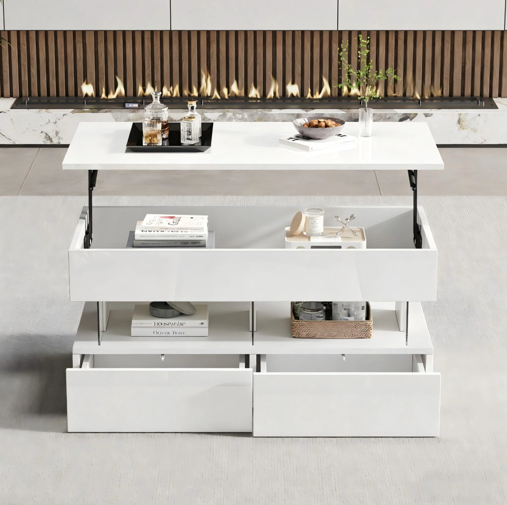 Tavolino da caffè elevabile LED bianco 100x50x46 cm