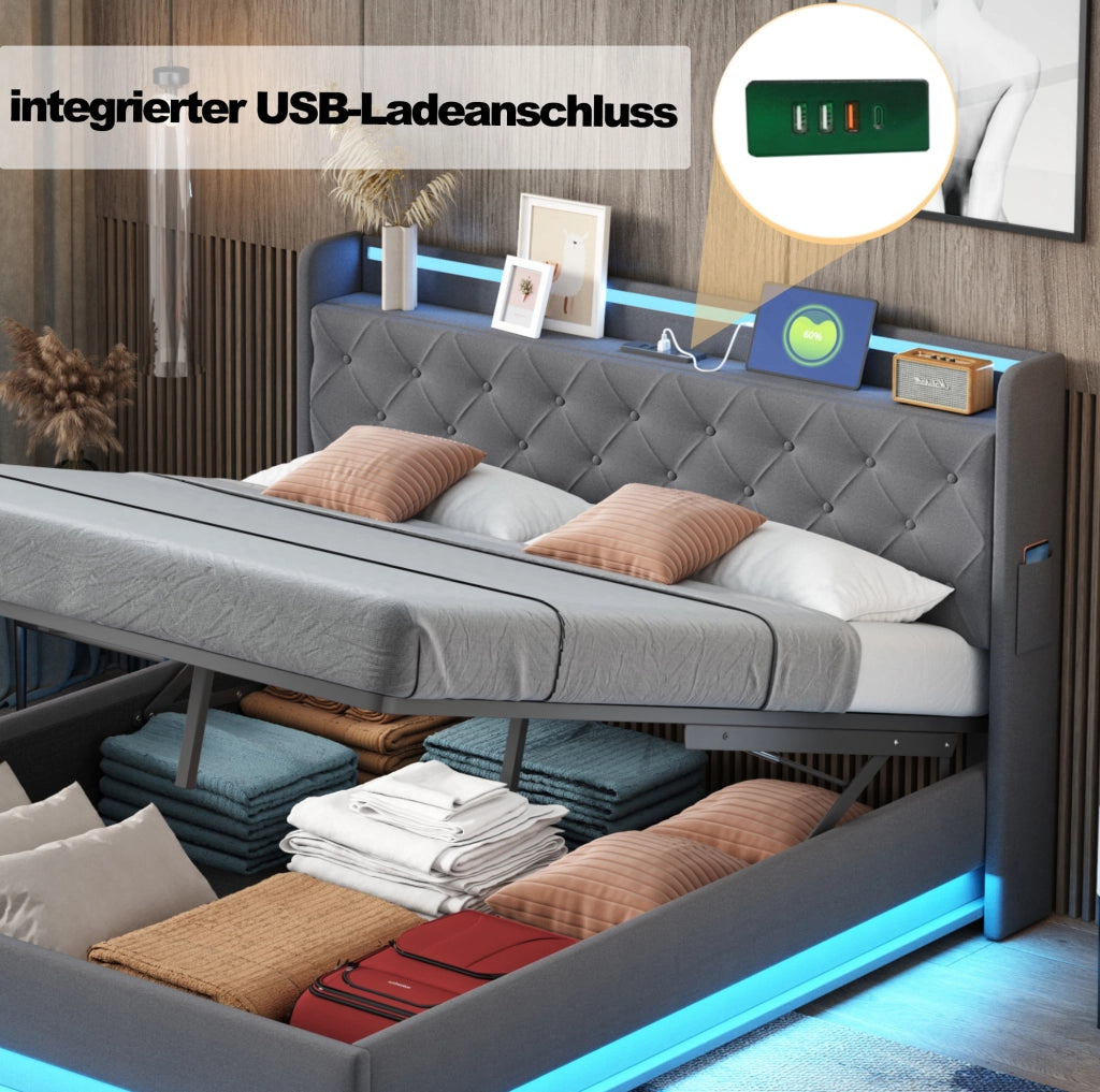 Letto imbottito LED 140x200 cm grigio con USB e contenitore