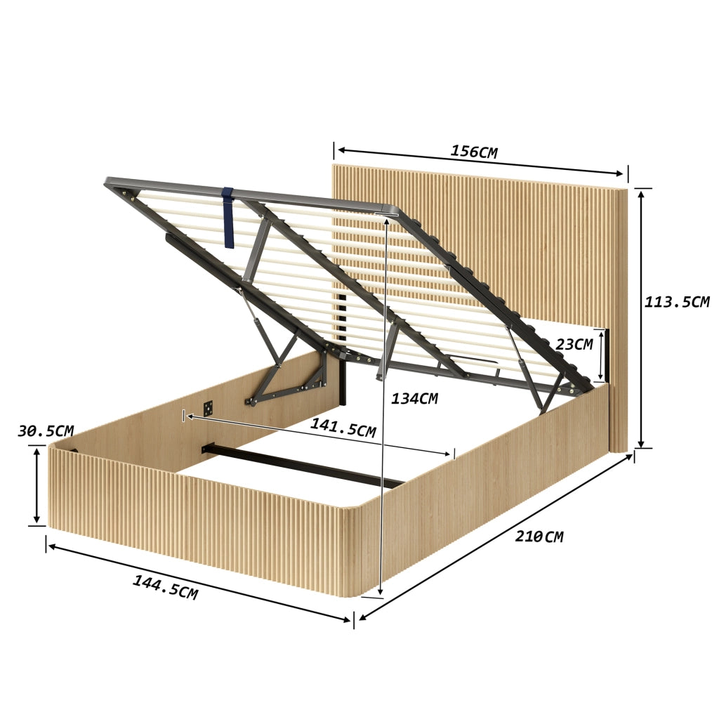 Letto contenitore 140 x 200 cm con sollevamento idraulico; MDF e metallo; rovere chiaro