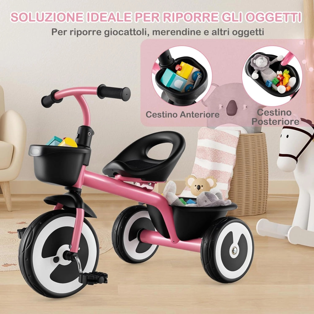 Triciclo per Bambini, Trike con Sede Regolabile Cestini Anteriori e Posteriori, Bicicletta a 3 Ruote con Telaio in Ferro Carbonioso di Alta Resistenza, per Bambini 1,5-5 Anni (Rosa)
