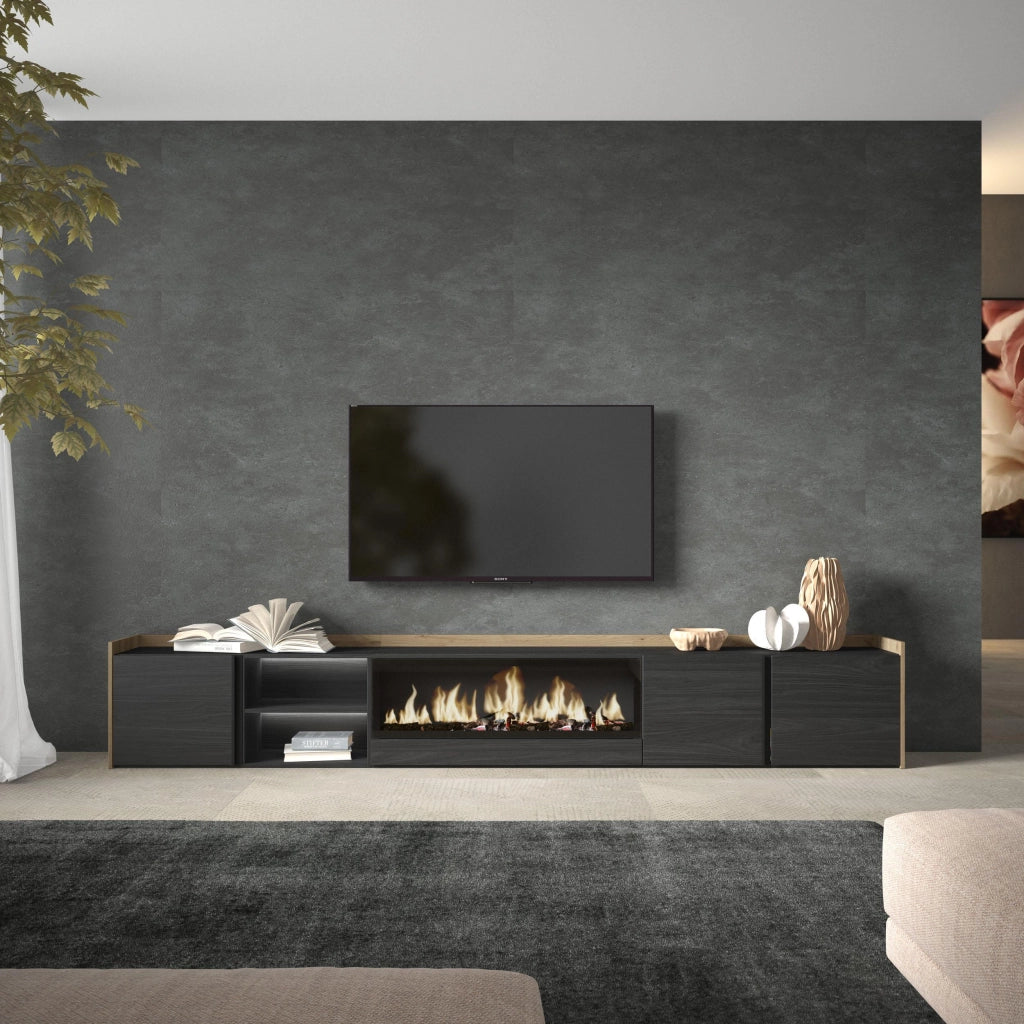 Mobile TV Soggiorno, 315x50x35 cm, Per TV fino a 80", Camino elettrico XXL, LED, Nero e rovere