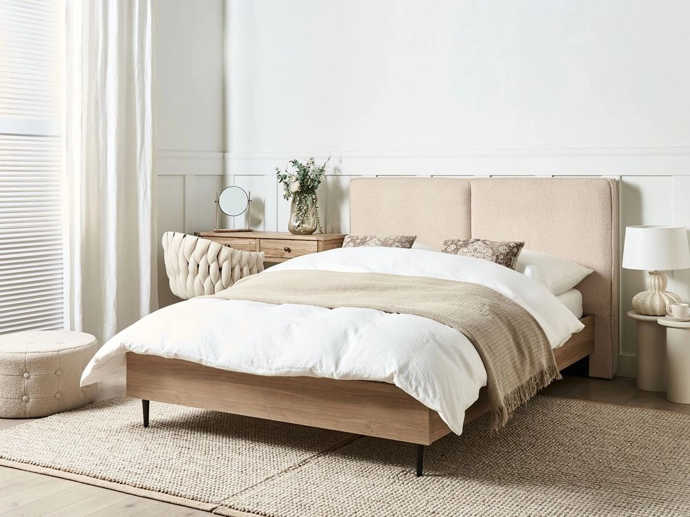 Letto matrimoniale in tessuto bouclè beige con testiera imbottita 140 x 200 cm stile moderno