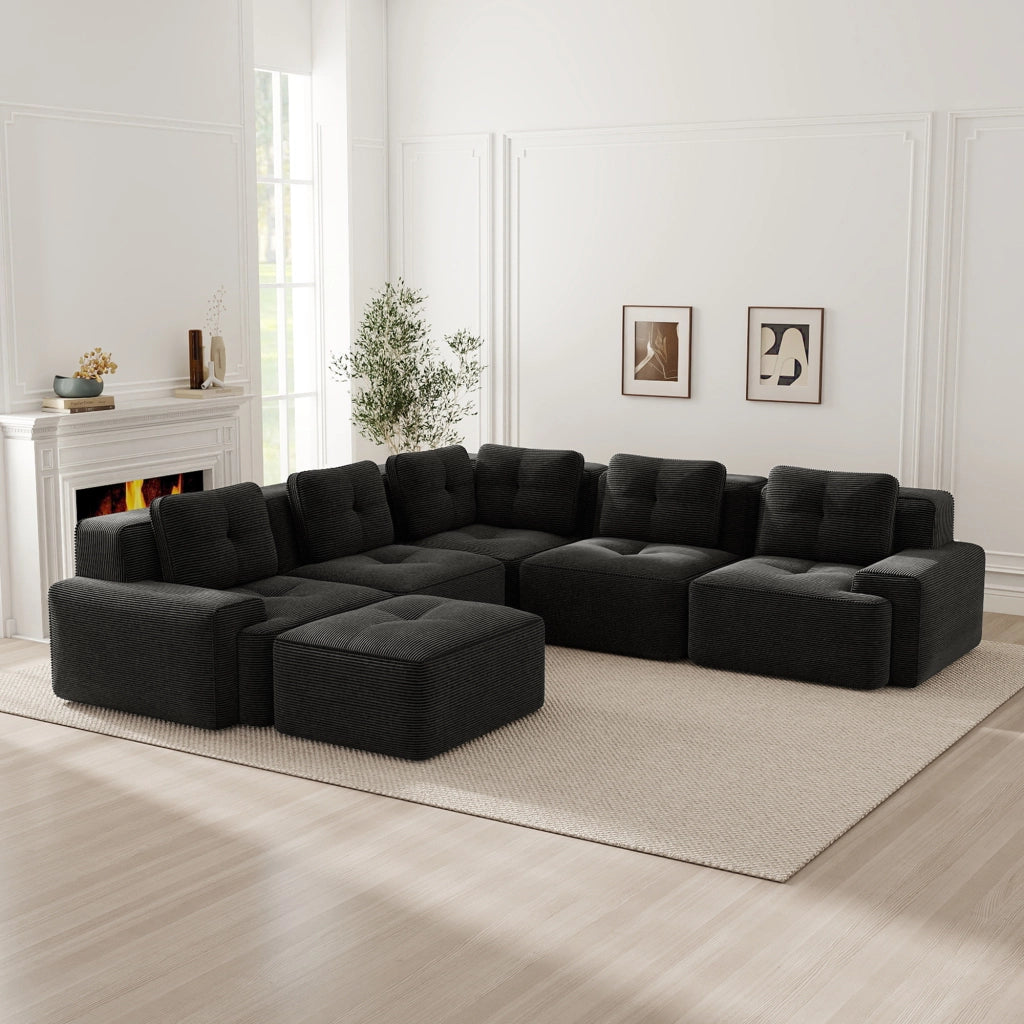 Divano angolare modulare con seduta profonda senza montaggio antiscivolo in velluto a coste nero 295 × 295 × 69 cm