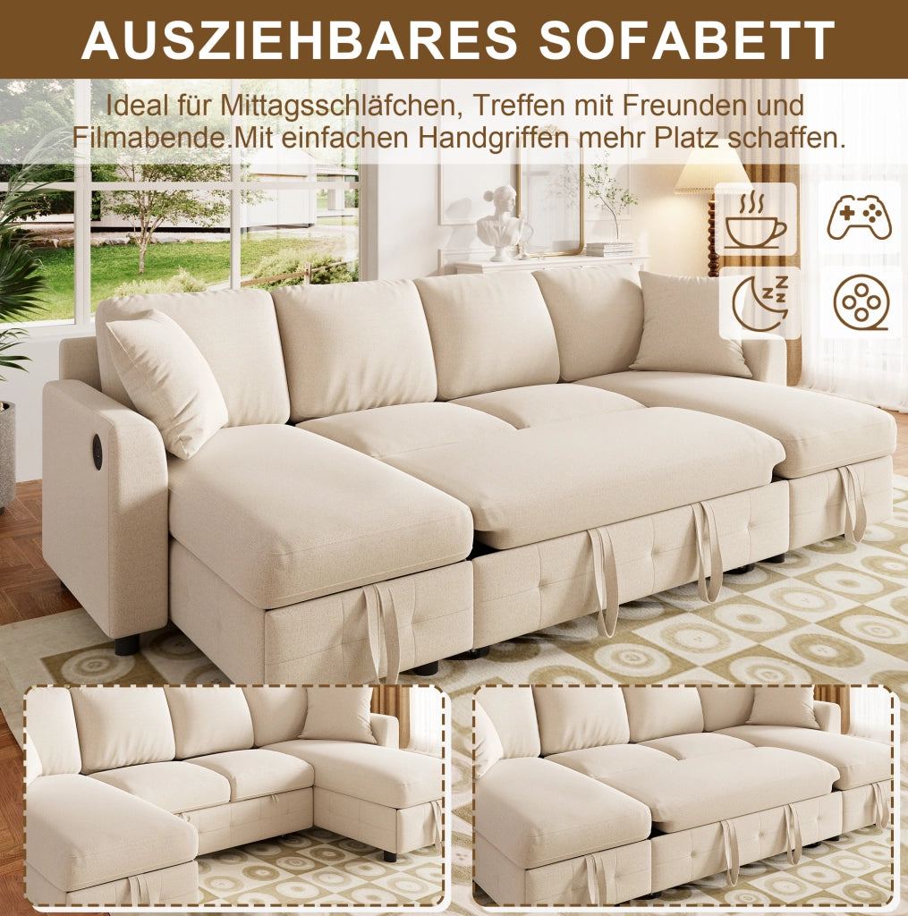 Divano letto angolare a U in chenille beige con contenitore, USB e Type-C