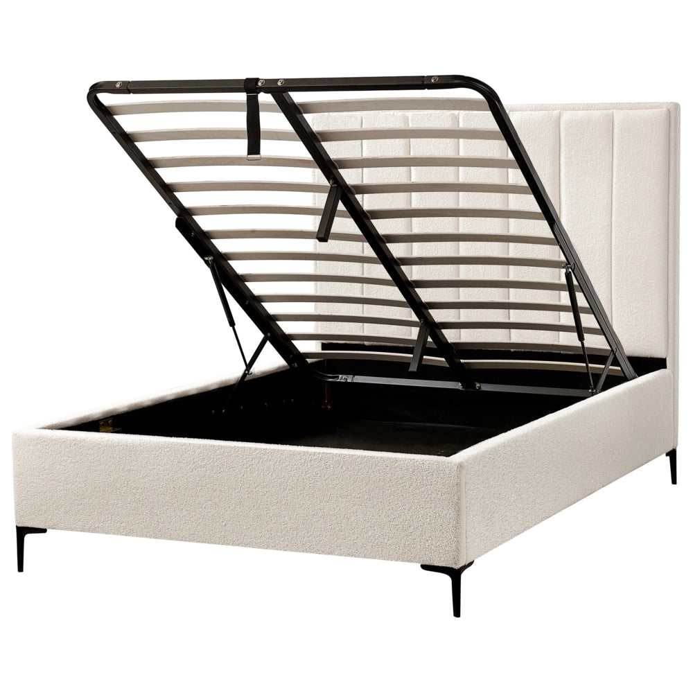 Letto Matrimoniale con Contenitore in tessuto bouclè bianco sporco 140 x 200 cm gambe in metallo Nero