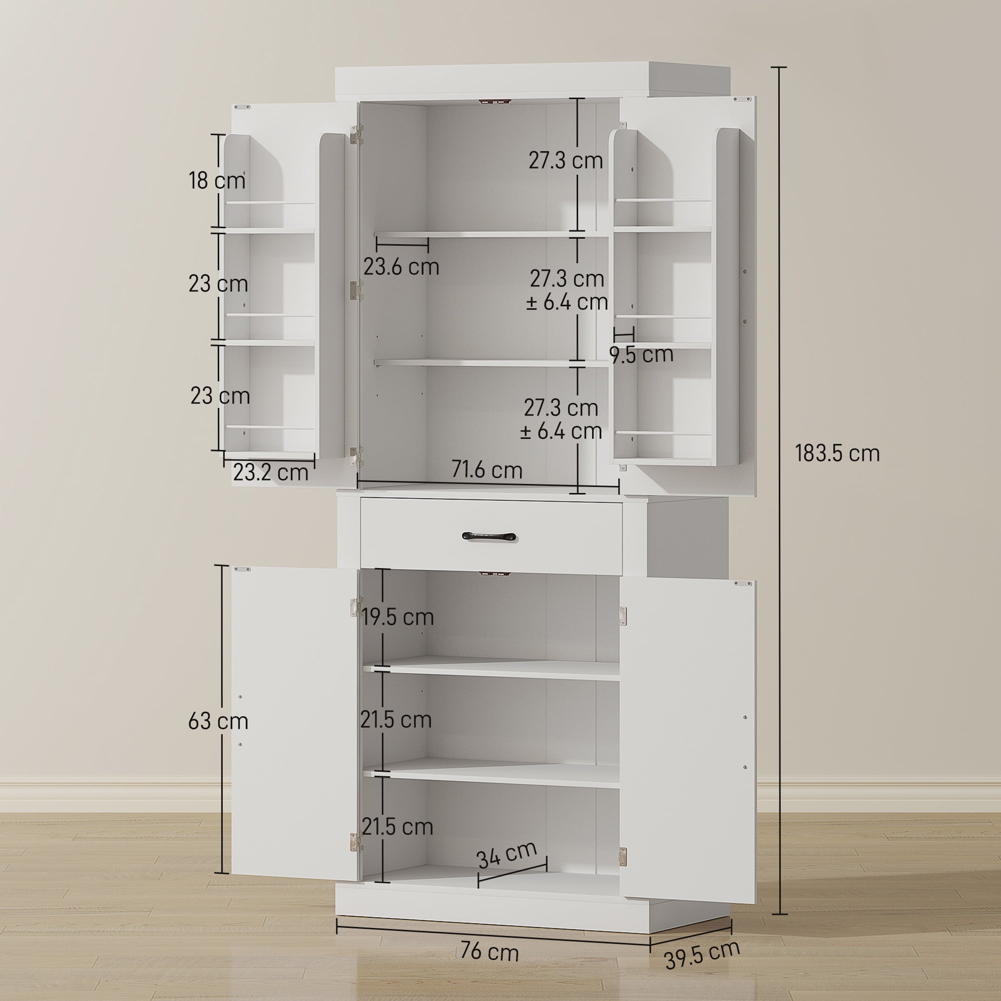 Dispensa Cucina in Stile Country 76x39,5x183,5 cm con 2 Armadietti 6 Ripiani e Cassetto in Legno Bianco