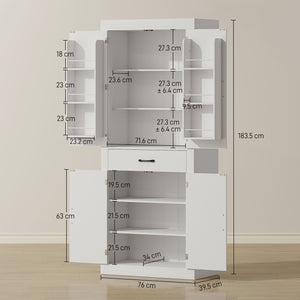 Dispensa Cucina in Stile Country 76x39,5x183,5 cm con 2 Armadietti 6 Ripiani e Cassetto in Legno Bianco