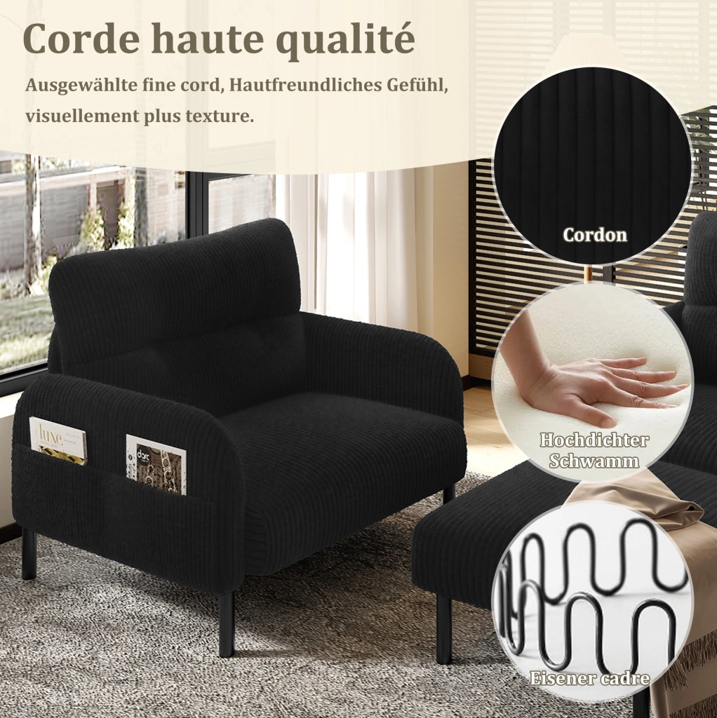 Set divano 2 posti; poltrona e pouf in velluto a coste nero con tasca laterale