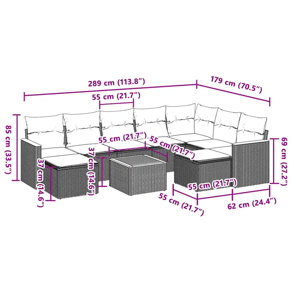 Set Divani da Giardino 10pz con Cuscini in Polyrattan Nero