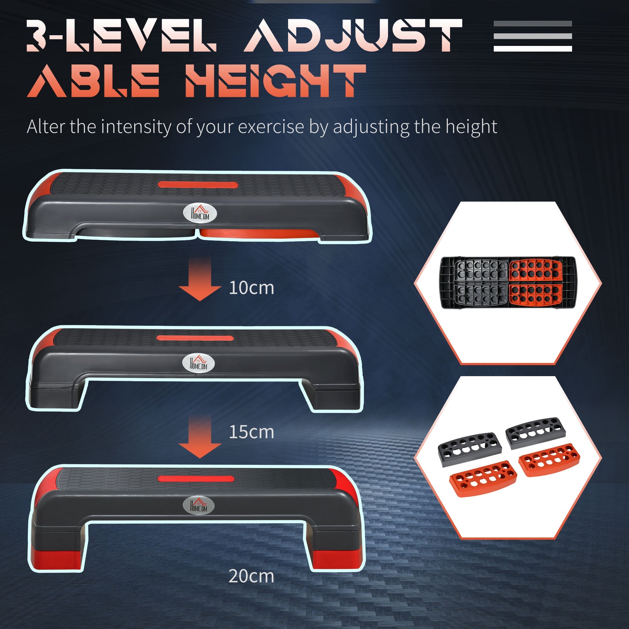 Step Fitness per Aerobica 78x28xh10-15-20 cm Altezza Regolabile in Plastica Nero e Rosso