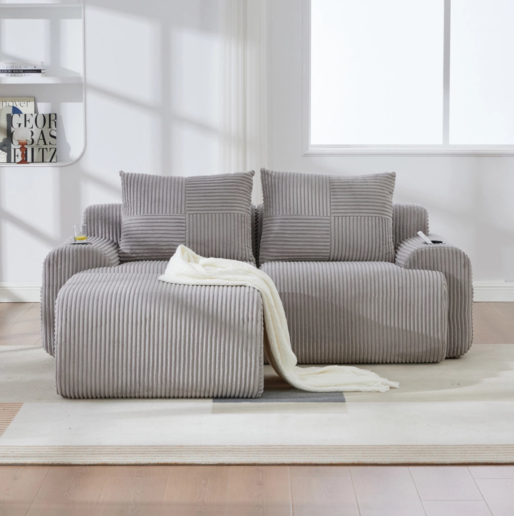 Divano modulare a 2 posti in corduroy grigio chiaro; 200x174x80 cm; con portabicchiere e tasca laterale