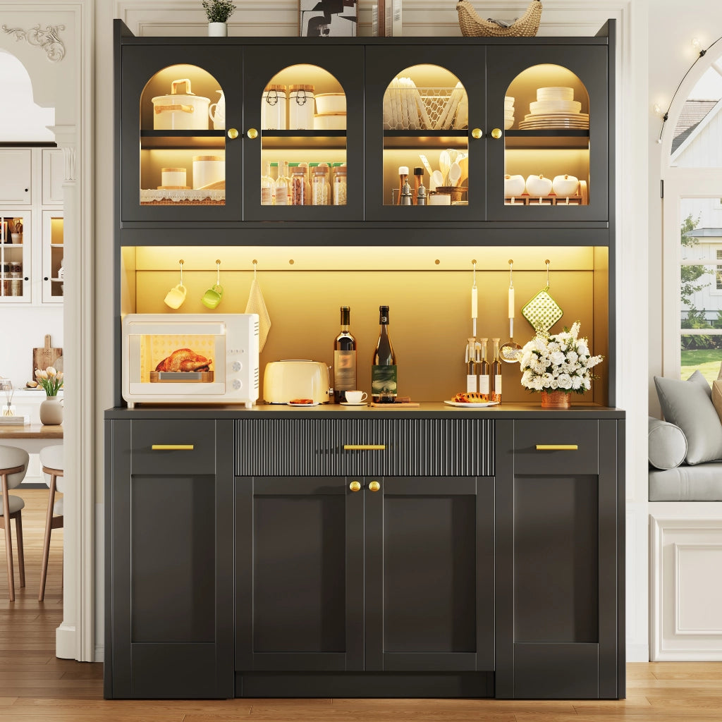 Credenza alta da cucina con LED RGB e app, 3 vetrine, cassetti e ripiani estraibili, nero, 120 × 40 × 187 cm