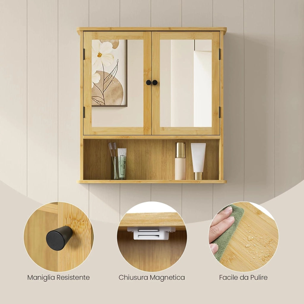 Mobiletto da Bagno Sospeso con Specchio e Ante in Bambù, Armadietto Salvaspazio, Contenitore da Parete, con Ripiano Regolabile, Scomparto Aperto, 56x14x58 cm