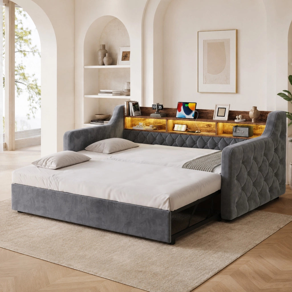 Letto Estraibile 90x190 cm con LED; USB e Type-C; in Velluto Grigio Scuro