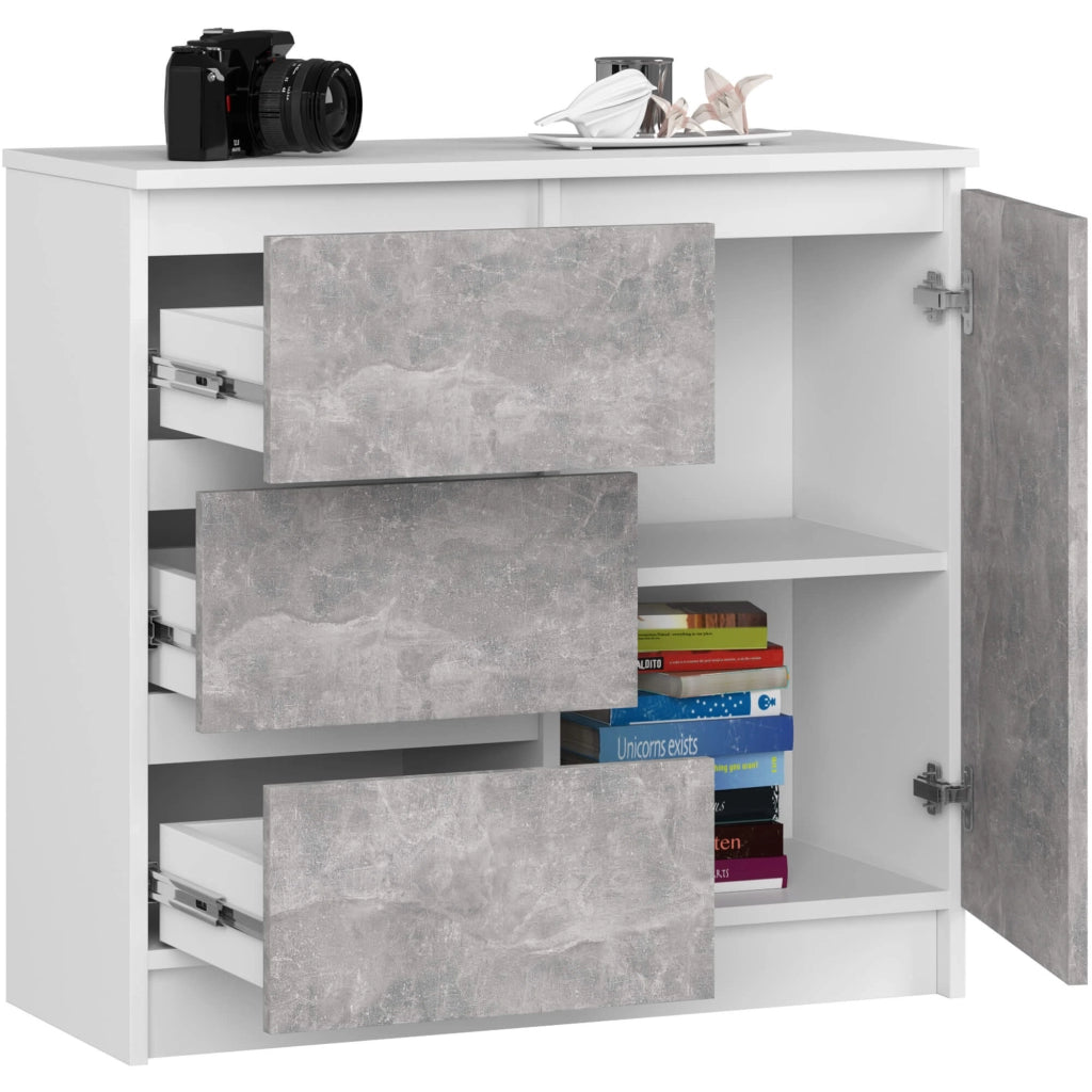 Cassettiera AKORD JERRY Cassettiera Bianca 80 cm 1 anta 3 cassetti inserto frontale Cemento 80x35x77 cm