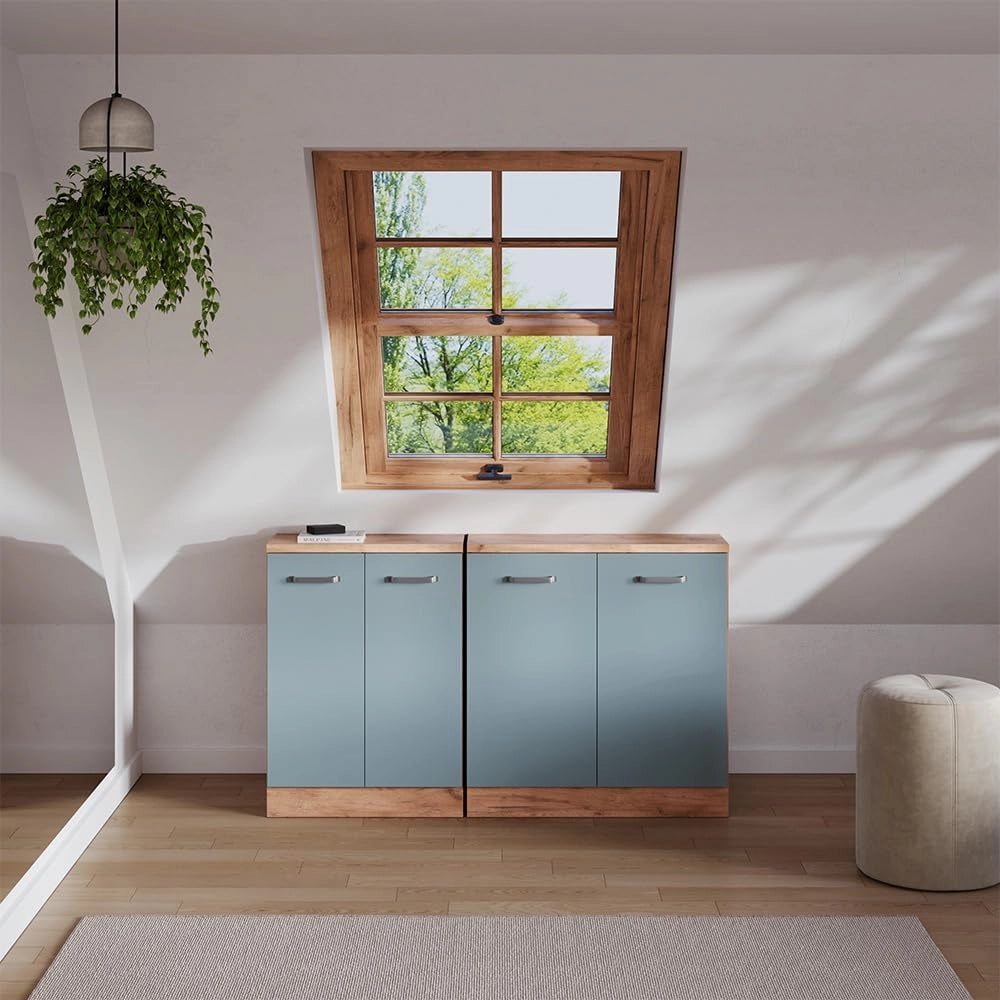 Set di mobili sottotetto Rion, Grigio-blu, 140 cm Set di 2 carcasse armadio profondità 60 cm, adatto per il salvaspazio sotto tetti spioventi