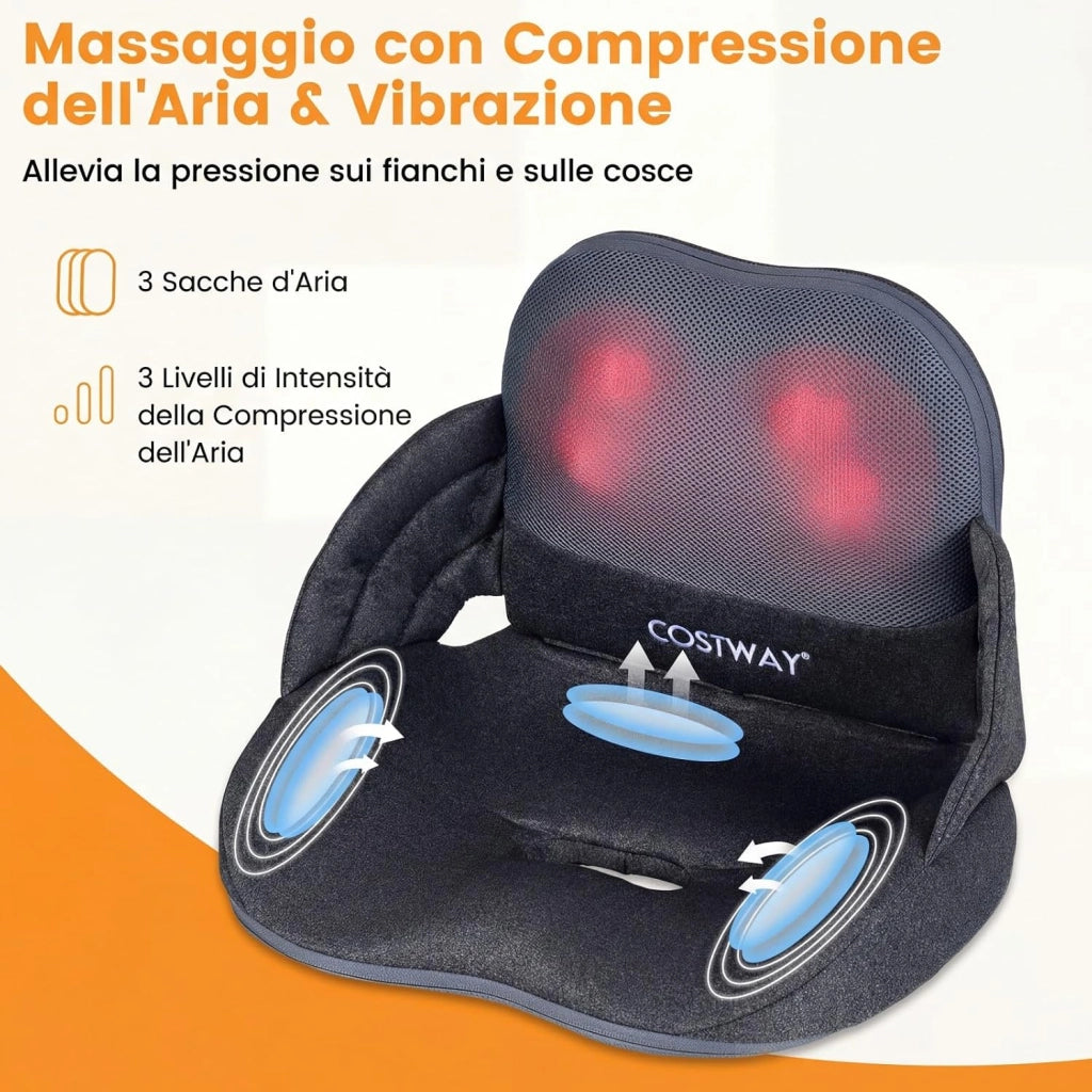 Massaggiatore con Riscaldamento, Cuscino Sedile Pieghevole con Massaggio Shiatsu per Lombare e Fianchi con Impastamento, Compressione ad Aria a 3 Livelli e Vibrazione