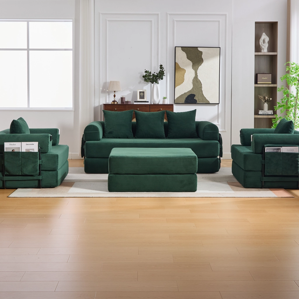 Divano modulare 4 posti con pouf e tasca laterale in velluto a coste verde smeraldo