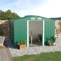 Casetta da Giardino Porta Utensili in Lamiera di Acciaio, Capanno da Giardino in Acciaio con Base e Porte Scorrevoli, 258x206x178cm, Verde