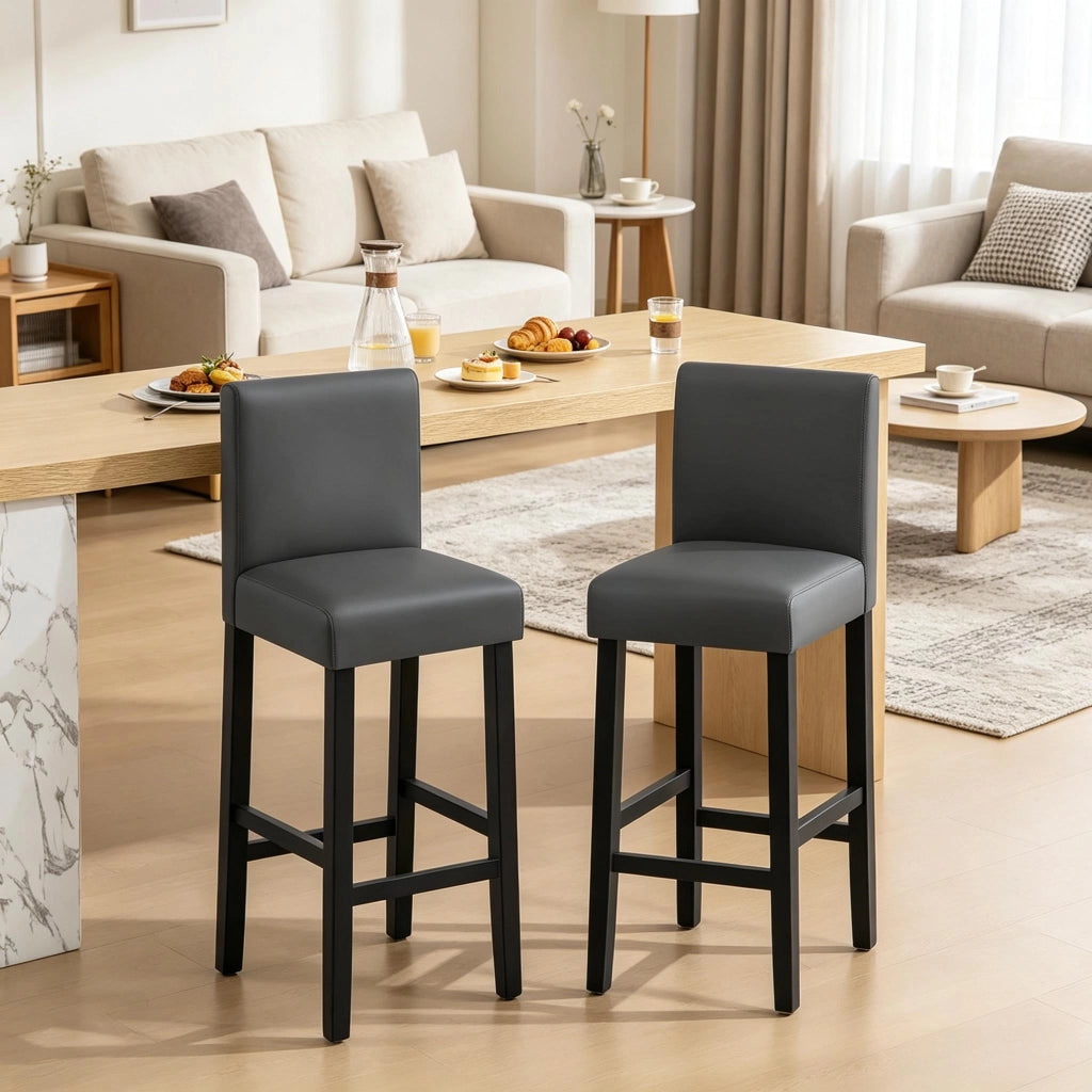 Set di 2 sgabelli da bar con schienale, in ecopelle e legno, colore nero/grigio