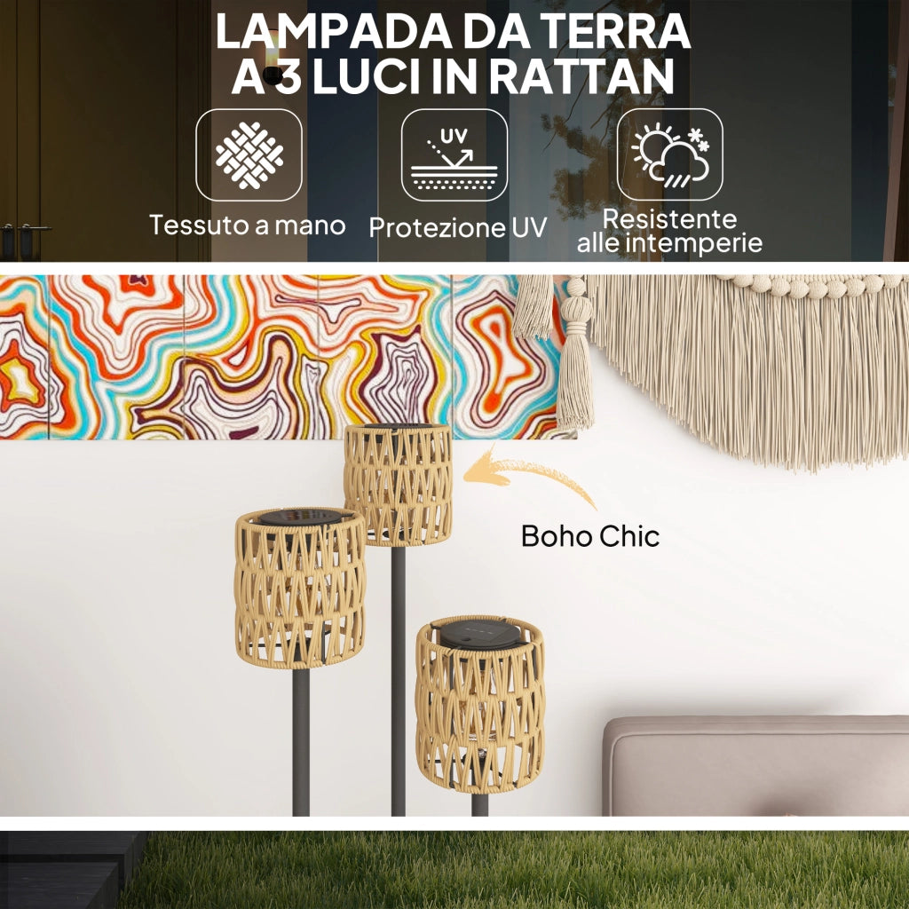 Lampada Solare da Esterno in stile Boho Ø37x144 cm con Ripiano Centrale in Rattan PE e Acciaio Nero e Giallo