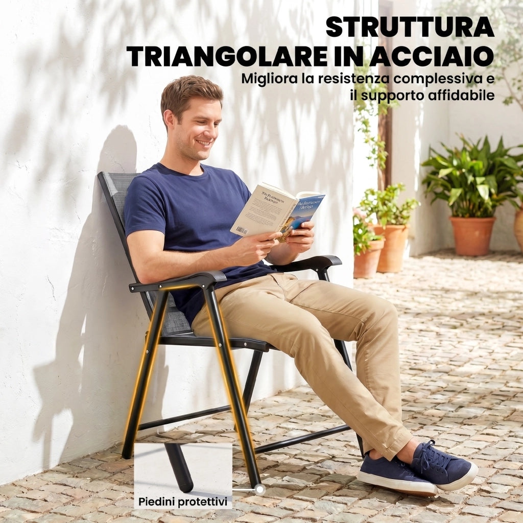 Set di 2 Sedie Pieghevoli con Schienale Alto E Braccioli. Grigio Chiaro