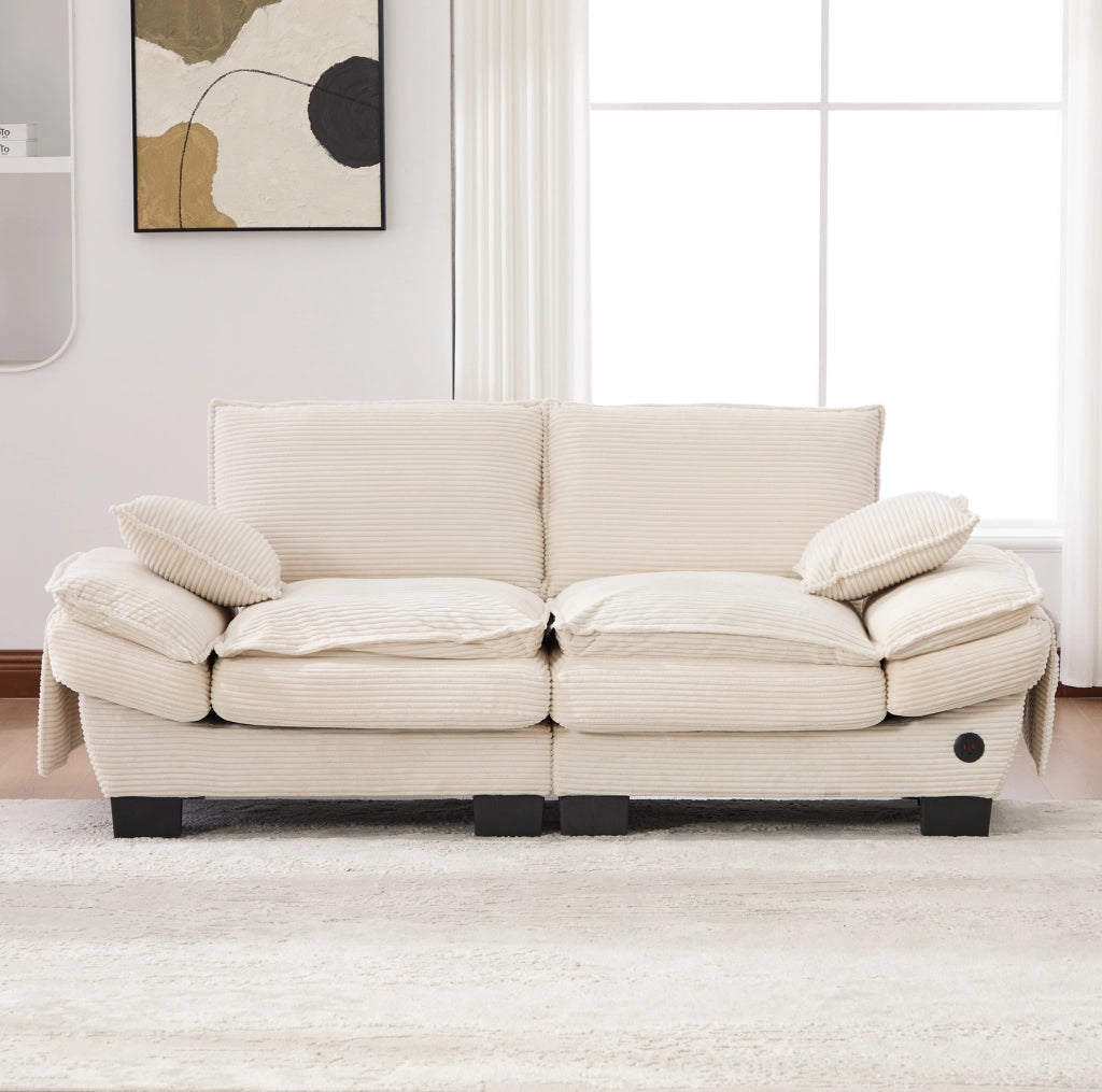 Divano 2 posti in velluto a coste beige con porta USB-C