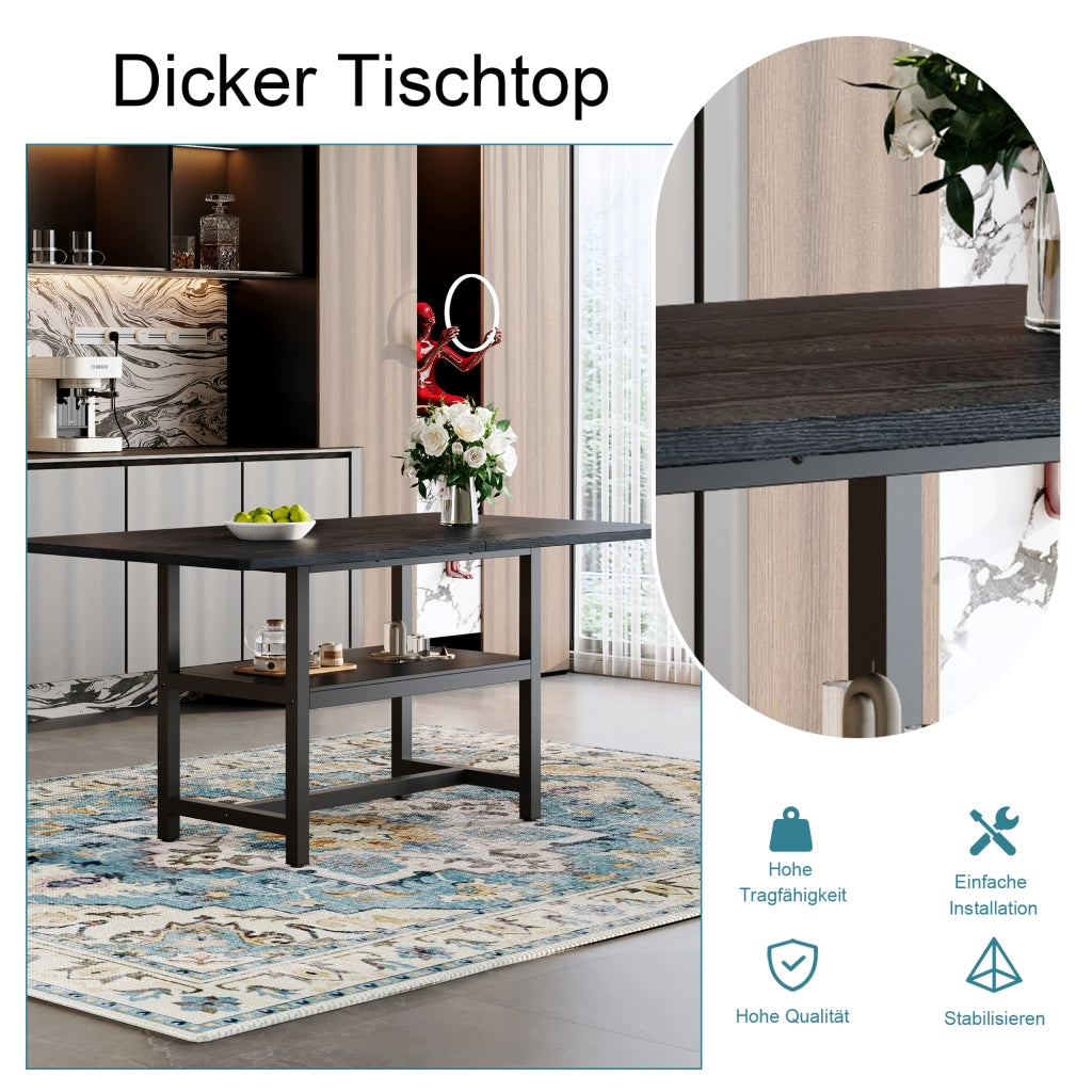 Tavolo da pranzo per 4 o 6 persone con ripiano contenitore, stile moderno, in MDF e metallo, nero, 160 × 90 × 76 cm