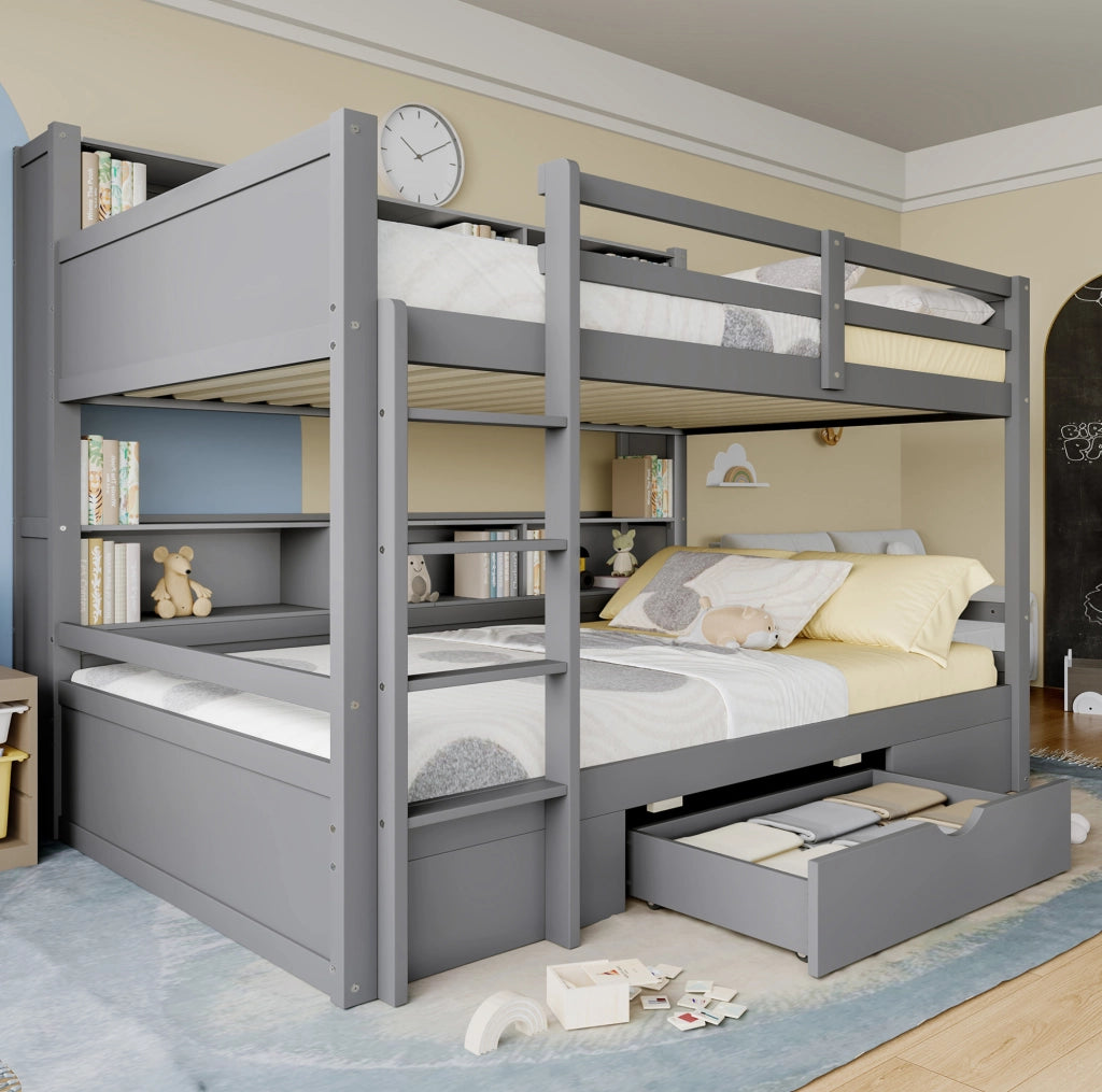 Letto a castello 90x200 cm grigio con cassetto e ripiani