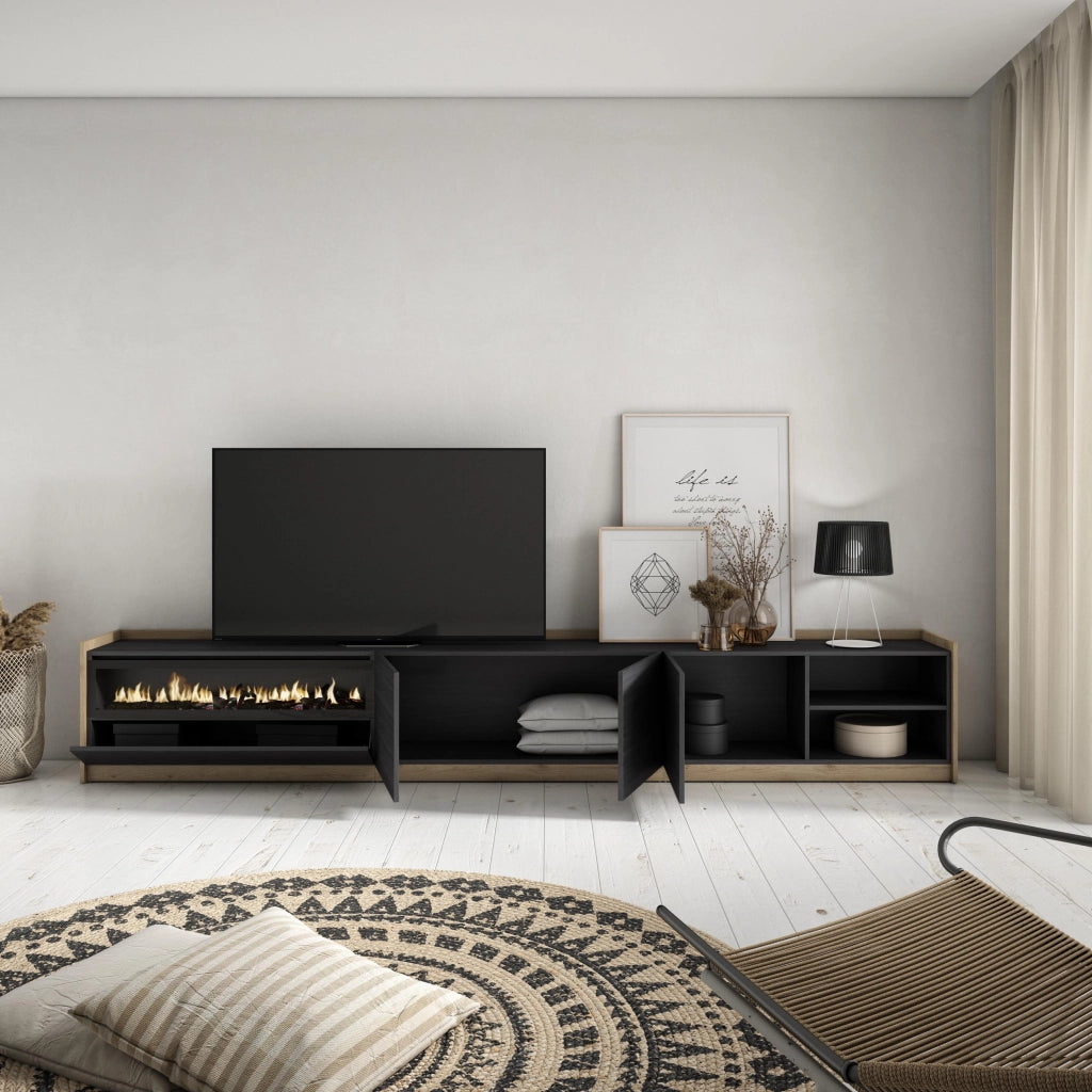 Mobile TV Soggiorno, 310x50x37 cm, Per TV fino a 80", Camino elettrico, Nero e rovere