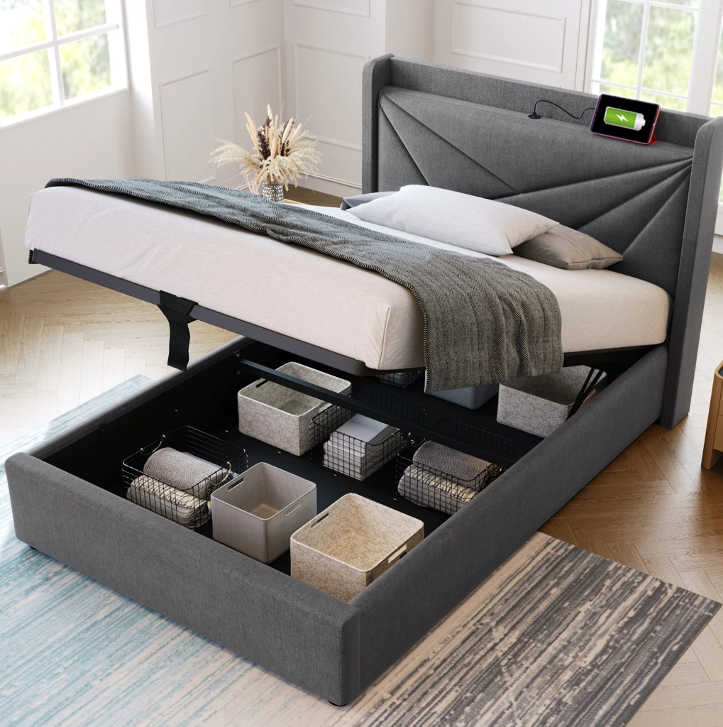 Letto singolo contenitore 90x200 cm con USB e Type-C; testiera imbottita; grigio