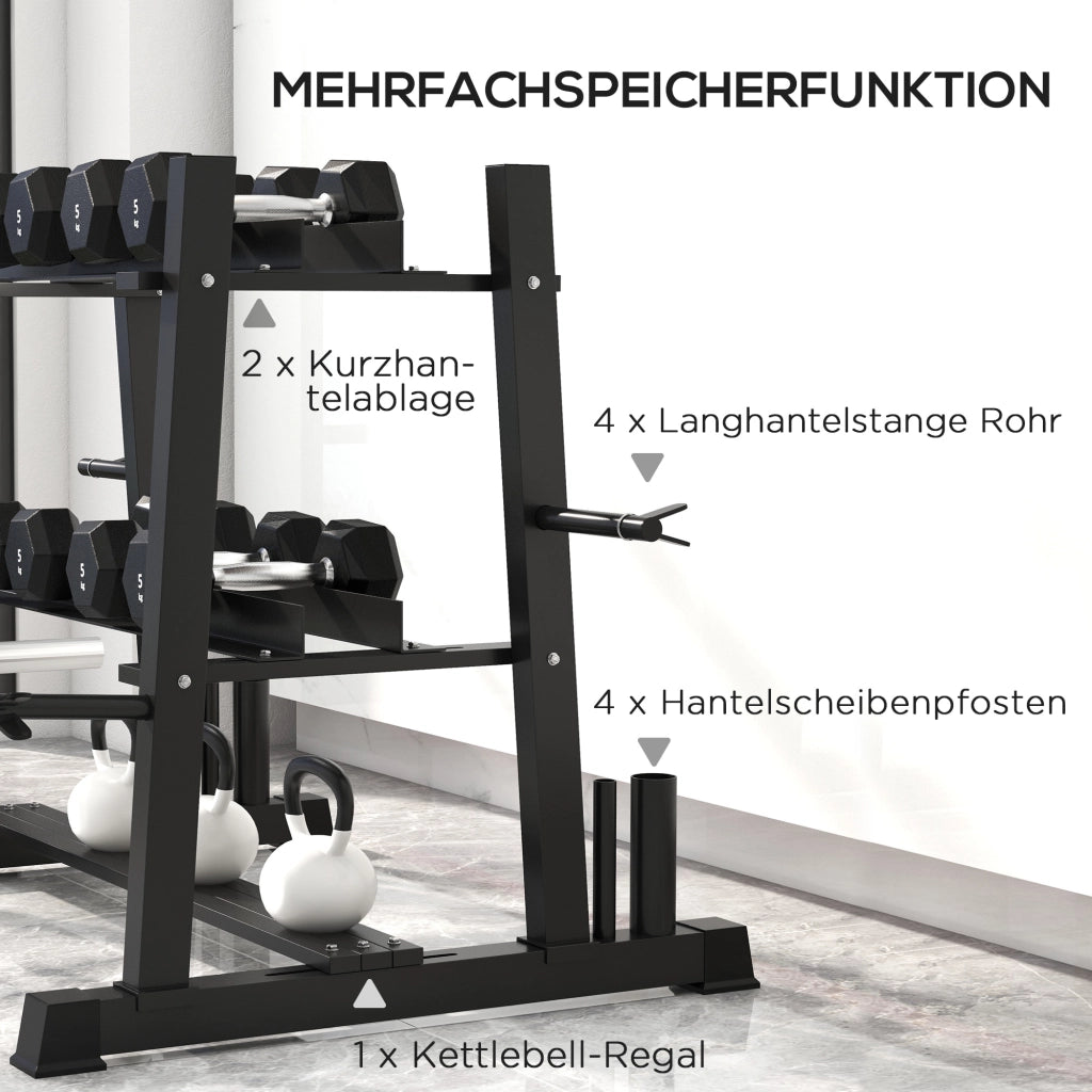 Supporto per bilanciere a 3 livelli, fino a 200 kg, in acciaio, nero, 131x75x80 cm, per palestra e allenamento a casa