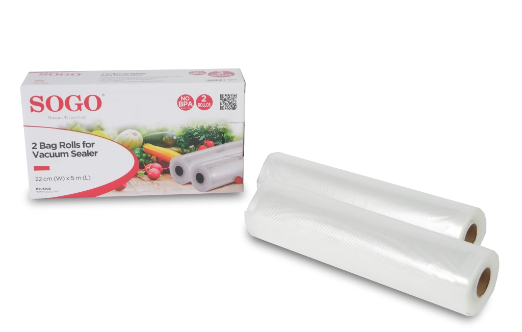 Rotoli sacchetti sottovuoto per sigillatrice, 2 rotoli 22cm x 5m, goffrati BPA free per alimenti - SOGO