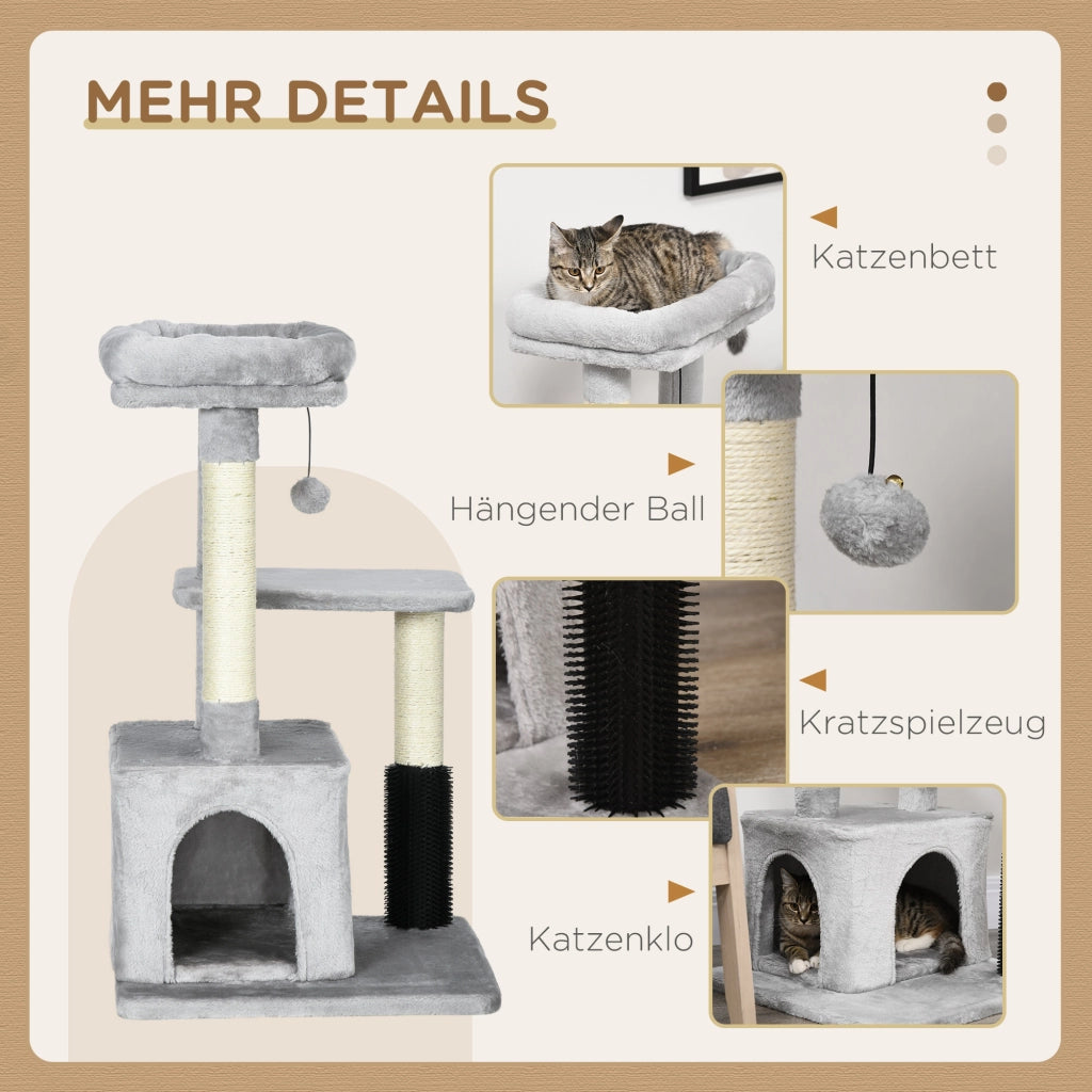 Tiragraffi con cuccia lavabile, lettiera e giocattoli, colore grigio chiaro, dimensioni 48x48x85 cm.