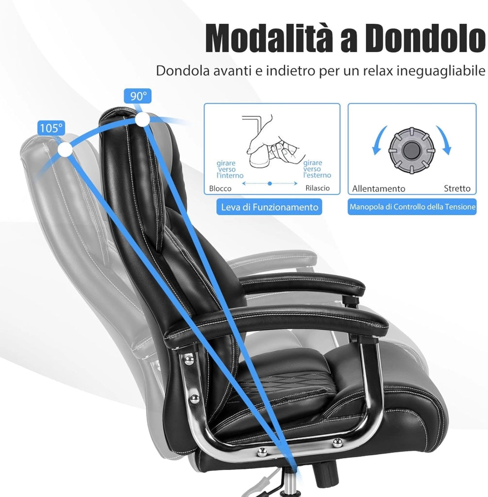 Sedia Ufficio in Pelle, Poltrona Scrivania Regolabile in Altezza, Sedia da Lavoro Girevole con Braccioli Imbottiti, con Base in Metallo, Schienale Oscillante, Portata 227 kg