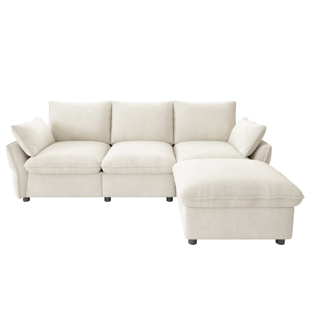 Divano angolare L in chenille beige con pouf, 3 posti, design moderno per soggiorno